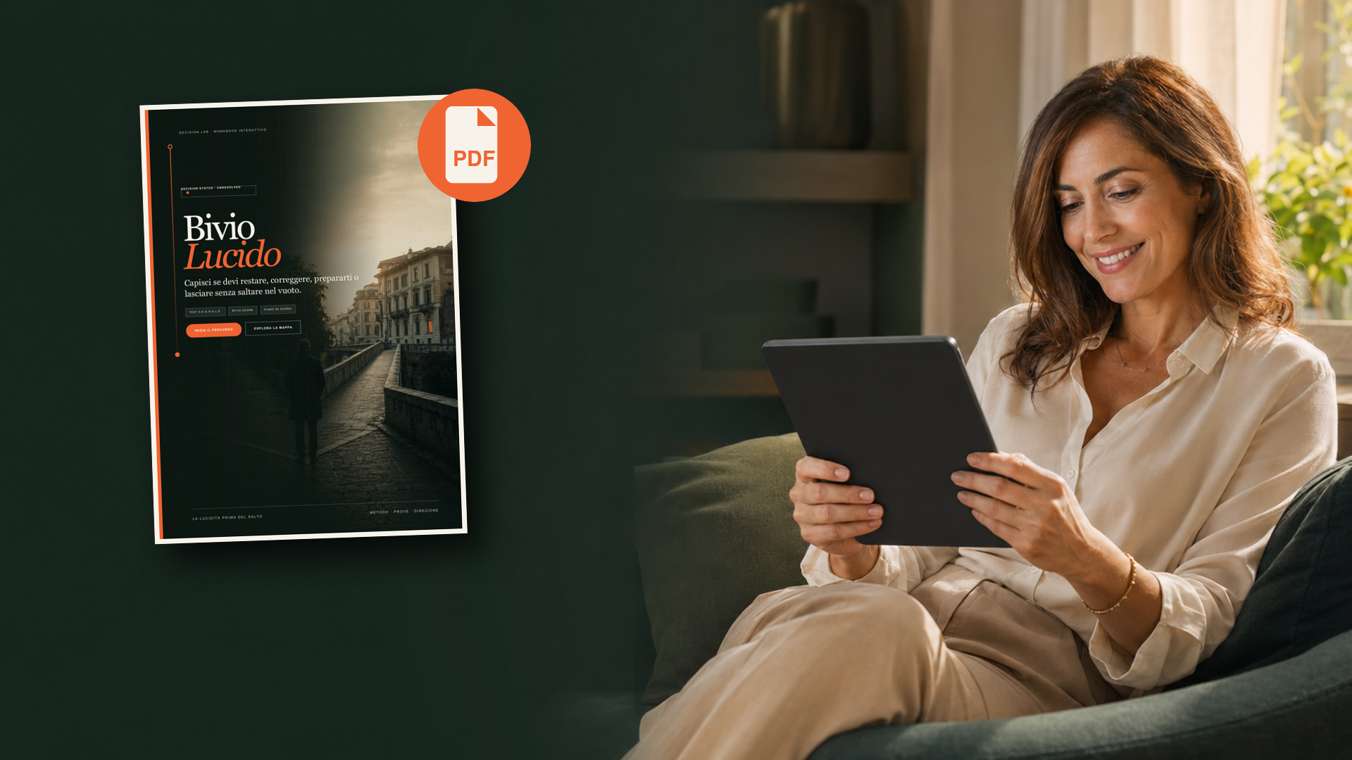 Donna che legge il quaderno Bivio Lucido — Laboratorio delle Decisioni su tablet, con la copertina del PDF in evidenza